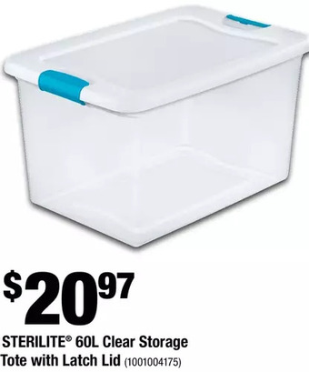 Home Depot Sterilite 60l clear storage tote with latch lid offer