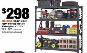 Home Depot Husky 4-shelf heavy-duty welded steel shelving unit offer