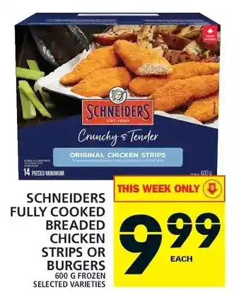 Food Basics Schneiders fully cooked breaded chicken strips or burgersq offer