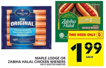 Food Basics Maple lodge or zabiha halal chicken wieners offer
