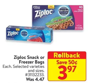 Walmart Ziploc snack or freezer bags offer