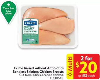 Walmart Prime raised without antibiotics boneless skinless chicken breasts offer