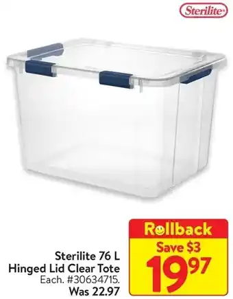 Walmart Sterilite 76 l hinged lid clear tote offer