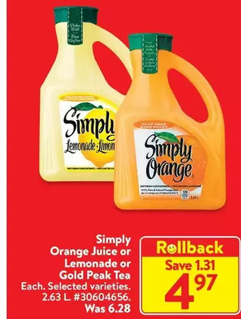 Walmart Simply orange juice or lemonade or gold peak tea offer