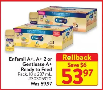 Walmart Enfamil a+, a+ 2 or gentlease a+ ready to feed offer