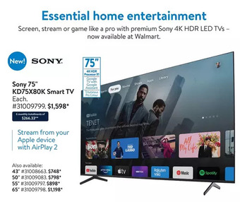 Walmart Sony 75" kd75x80k smart tv | 43" | 50" | 55" | 65" offer