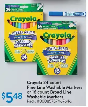 Walmart Crayola 24 count fine line washable markers or 16 count broad line washable markers offer
