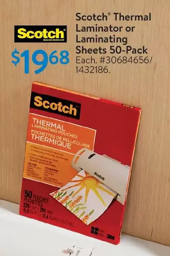 Walmart Scotch thermal laminator or laminating sheets 50-pack offer