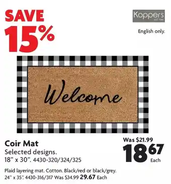 Home Hardware Coir mat: 18" x 30" | 24" x 35" offer