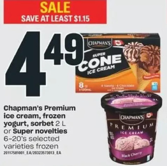 Valu-mart Chapman's premium ice cream, frozen yogurt, sorbet or super novelties offer