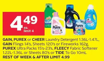 Rexall Gain, purex or cheer laundry detergent, gain flings, sheets or fireworks, purex ultra packs, fleecy fabric softener or sheets offer