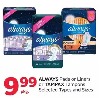 Rexall Always pads or liners or tampax tampons offer