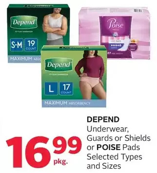 Rexall Depend underwear, guards or shields or poise pads offer
