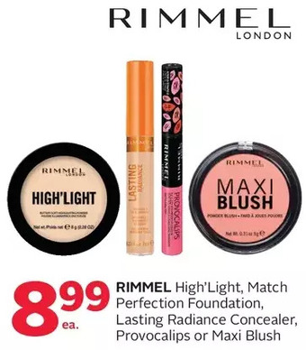 Rexall Rimmel high'light, match perfection foundation, lasting radiance concealer, provocalips or maxi blush offer