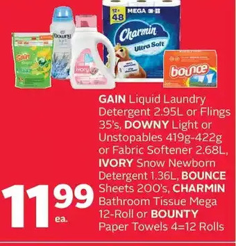 Rexall Gain liquid laundry detergent or flings, downy light or unstopables or fabric softener, ivory snow newborn detergent, bounce offer