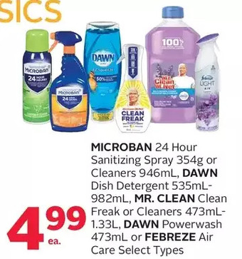 Rexall Microban 24 hour sanitizing spray or cleaners, dawn dish detergent, mr. clean clean freak or cleaners, dawn powerwash or febr offer