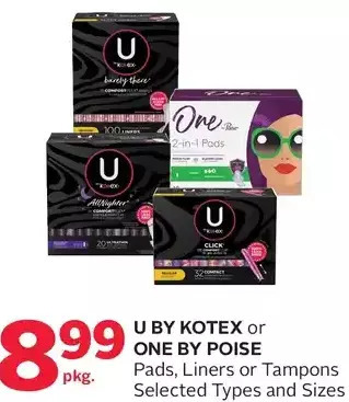 Rexall U by kotex or one by poise pads, liners or tampons offer