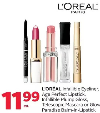 Rexall L'oréal infallible eyeliner, age perfect lipstick, infallible plump gloss, telescopic mascara or glow paradise balm-in-lipsti offer