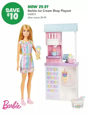 Toys R us Barbie ice cream shop playset with 12 in blonde doll, ice cream shop, ice cream making feature and realistic play pieces offer