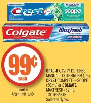 Shoppers Drug Mart Oral-b cavity defense manual toothbrush, crest complete+scope or colgate maxfresh toothpaste offer