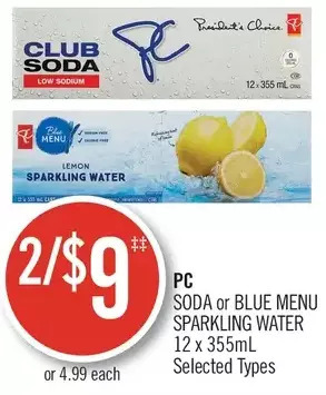 Shoppers Drug Mart Pc soda or blue menu sparkling water offer