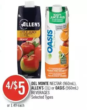 Shoppers Drug Mart Del monte nectar, allen's or oasis beverages offer