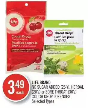 Shoppers Drug Mart Life brand no sugar added, herbal or sore throat cough drop lozenges offer