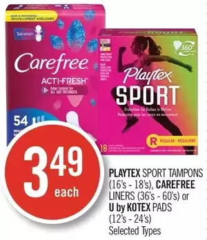 Shoppers Drug Mart Playtex sport tampons, carefree liners or u by kotex pads offer