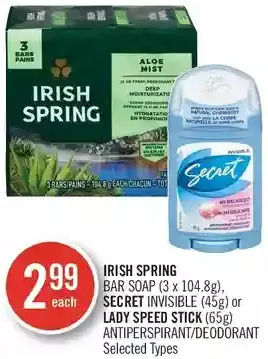 Shoppers Drug Mart Irish spring bar soap, secret invisible or lady speed stick antiperspirant/deodorant offer