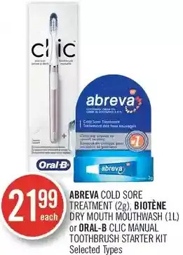 Shoppers Drug Mart Abreva cold sore treatment, biotene dry mouth mouthwash or oral-b clic manual toothbrush starter kit offer