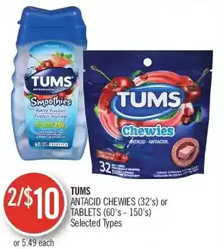 Shoppers Drug Mart Tums antacid chewies or tablets offer