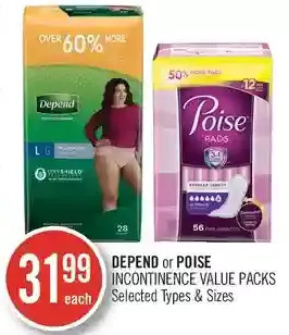 Shoppers Drug Mart Depend or poise incontinence value packs offer