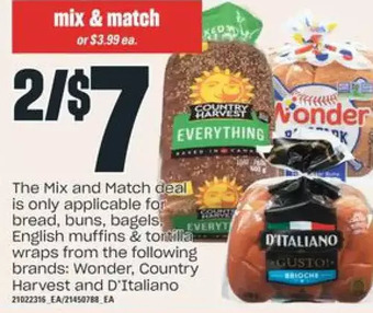 Independent Grocer Wonder, country harvest and d'italiano bread, buns, bagels, english muffins & tortilla wraps offer