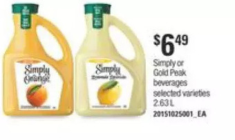 Independent Grocer Simply or gold peak beverages offer