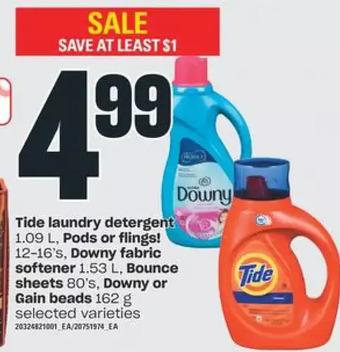 Independent Grocer Tide laundry detergent, pods or flings!, downy fabric softener, bounce sheets, downy or gain beads offer