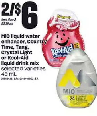 Loblaws Mio liquid water enhancer, country time, tang, crystal light or kool-aid liquid drink mix offer