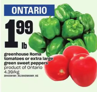 Loblaws Greenhouse roma tomatoes or extra large green sweet peppers offer