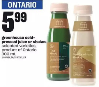 Loblaws Greenhouse cold-pressed juice or shakes offer