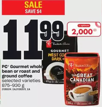 Loblaws Pc gourmet whole bean or roast and ground coffee offer