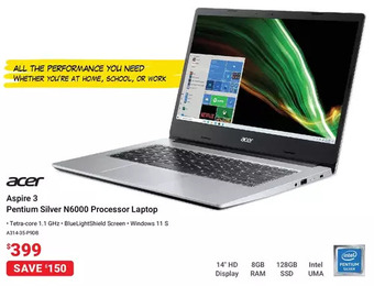 Visions Electronics Acer aspire 3 pentium silver n6000 processor laptop offer