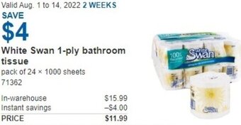 Costco White Swan 1-ply Bathroom Tissue offer