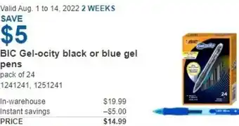 Costco BIC Gel-Ocity Black Or Blue Gel Pens offer