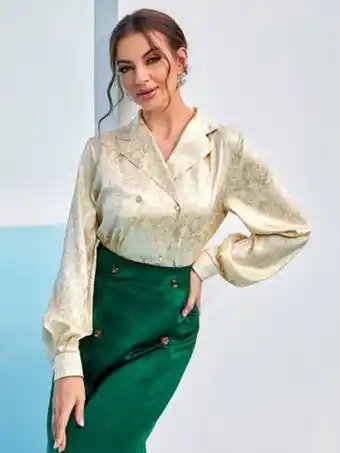 SheIn Floral jacquard lapel neck double breasted bishop sleeve satin blouse offer