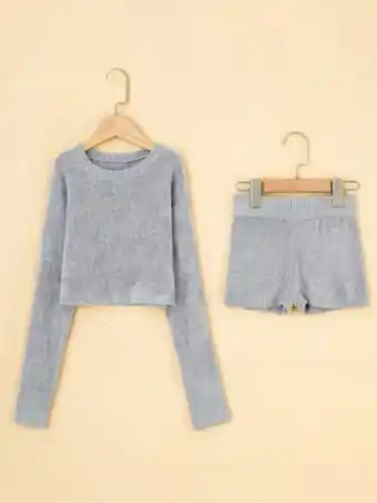SheIn Girls solid sweater & knit shorts offer