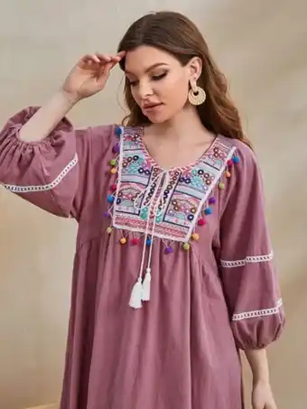 SheIn Shein tie neck bishop sleeve pom pom embroidery dress offer