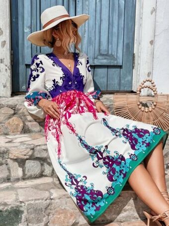 SheIn Graphic print lantern sleeve belted dress offer