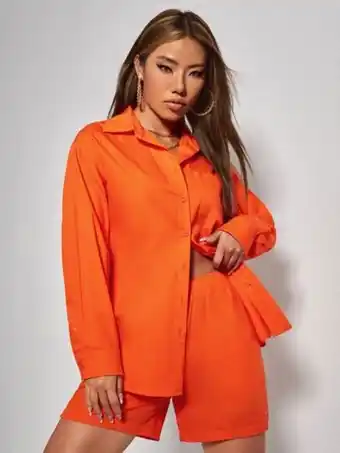 SheIn Shein petite solid patched pocket blouse & shorts offer