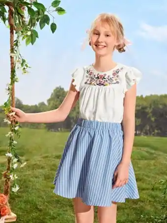 SheIn Shein teen girls floral embroidered top & striped print skirt offer