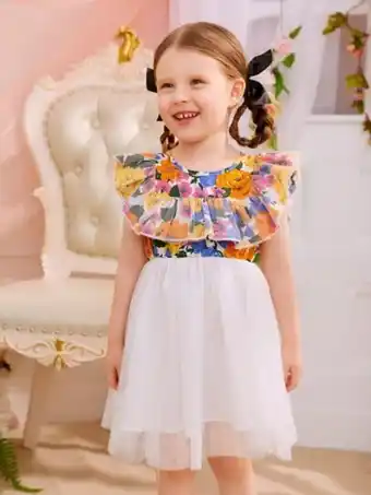 SheIn Shein toddler girls floral print ruffle trim mesh smock dress offer