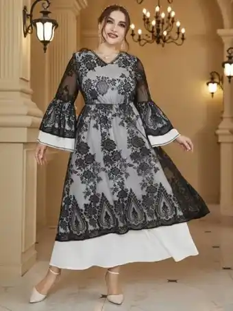 SheIn Plus lace overlay trumpet sleeve a-line dress offer